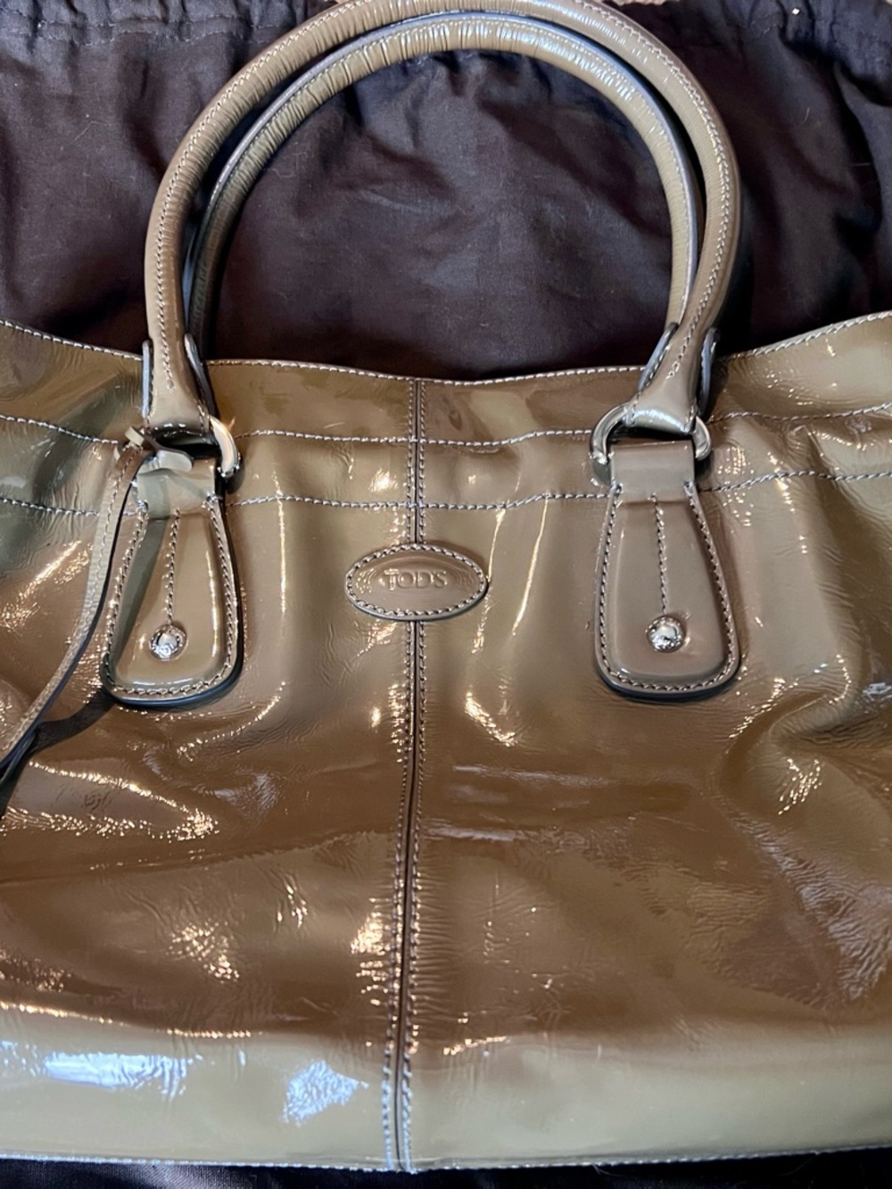 Tod's Olive Patent Leather Tote with Top Handles